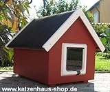 Katzenhaus/Katzenhütte wetterfest für draußen mit Katzenklappe, Spitzdach, Farbe schwedenrot